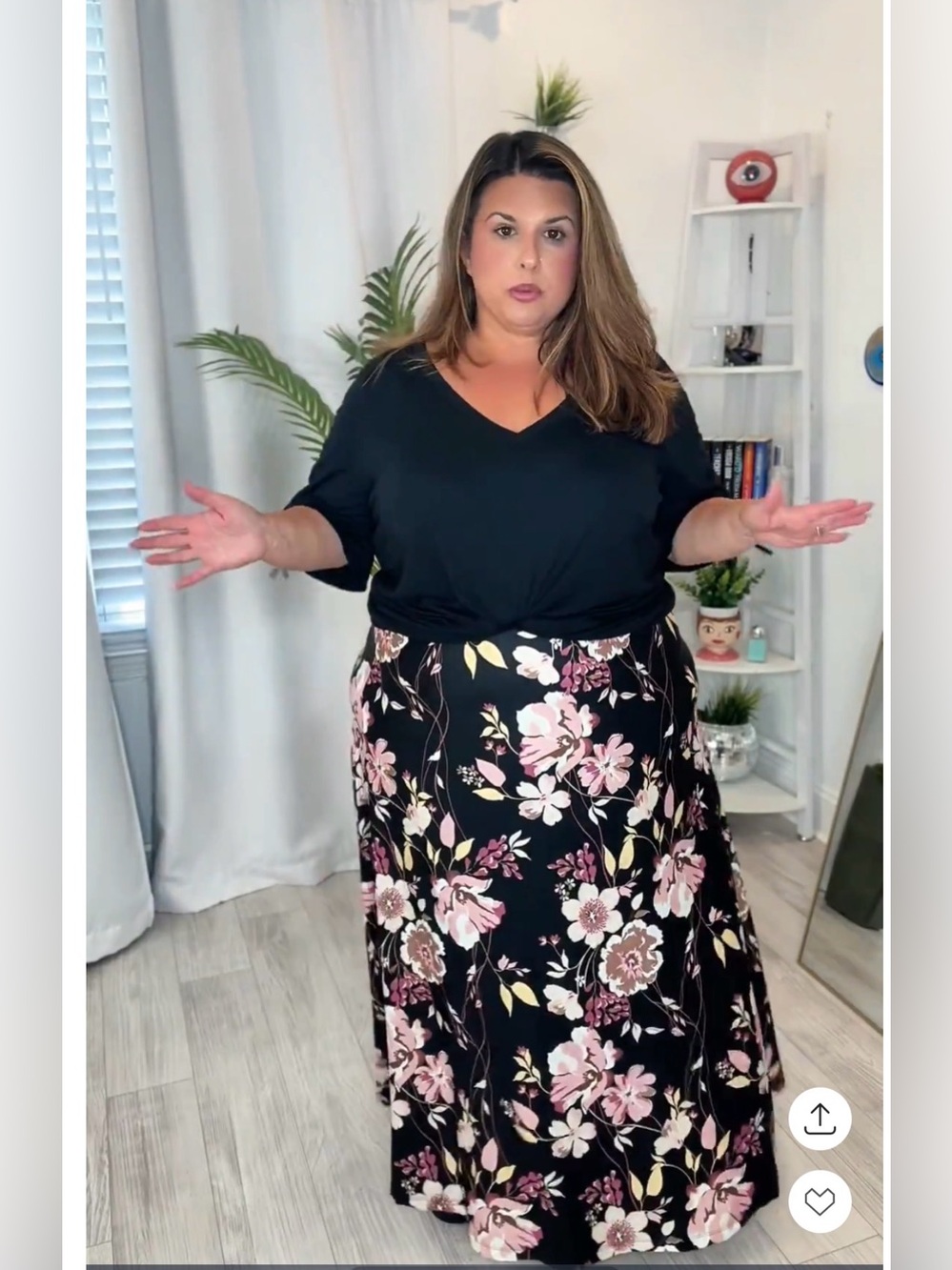 Plus Floral A-Line Maxi Skirt in Black with Pink Blooms